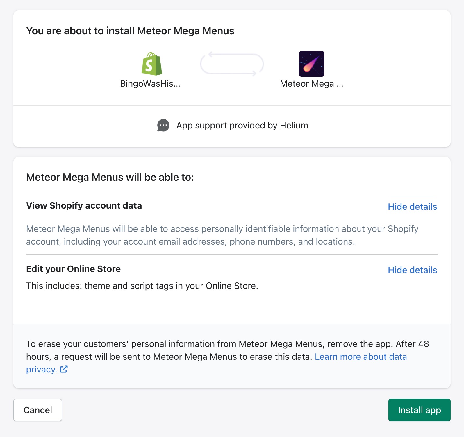Shopify's App Permissions page with Meteor Mega Menus