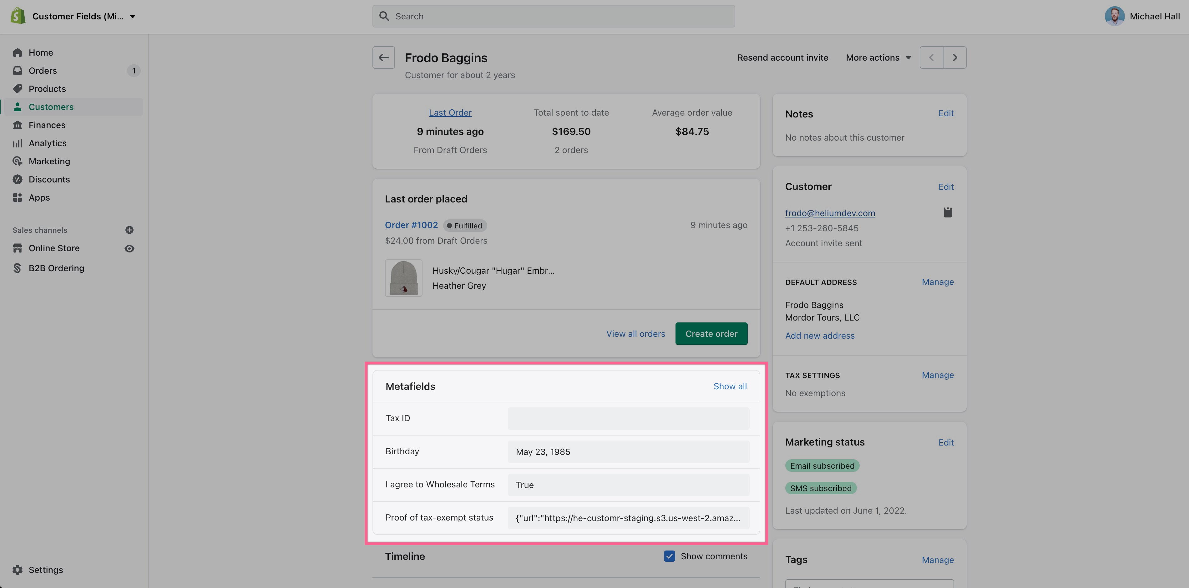 Pinned customer metafields will show up in your shop's Customers page