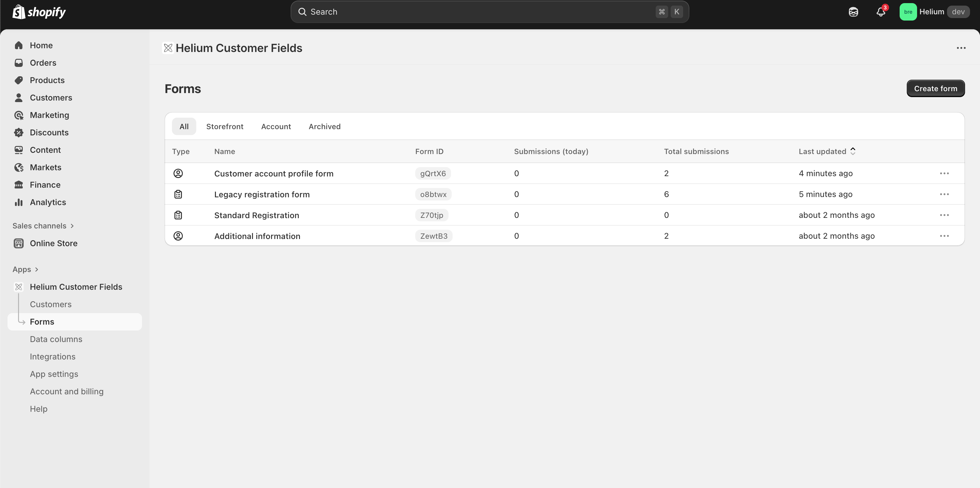 Customer Fields app form page