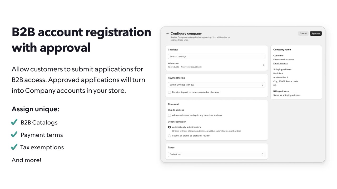 Onboard B2B approval interface for converting applications into company accounts with catalog, tax, and payment settings.