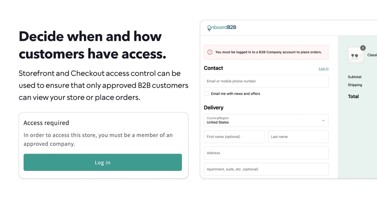Onboard B2B login-gated checkout screen with access control notice for approved B2B company members only.