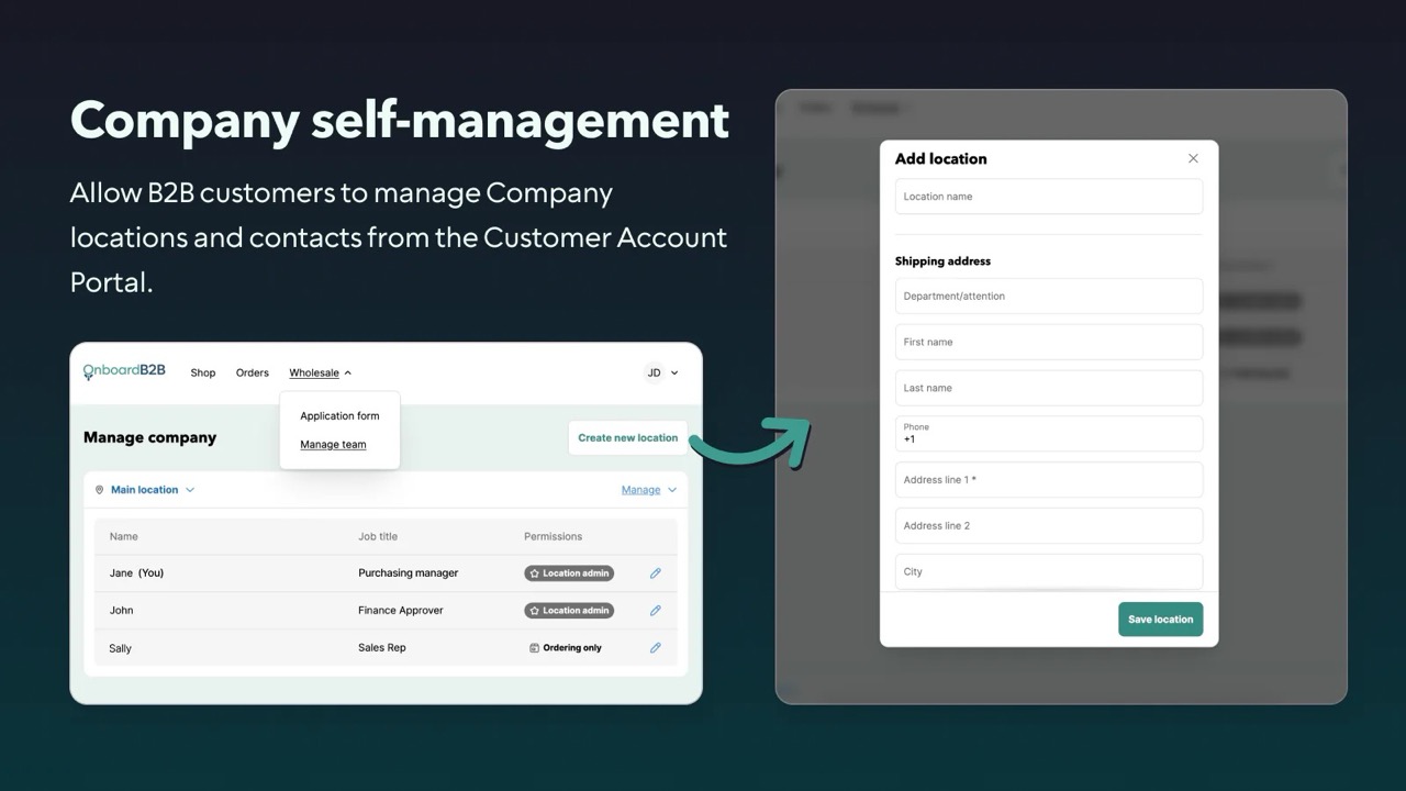 Onboard B2B graphic promoting company self-management for contact roles and an "Add location" form.