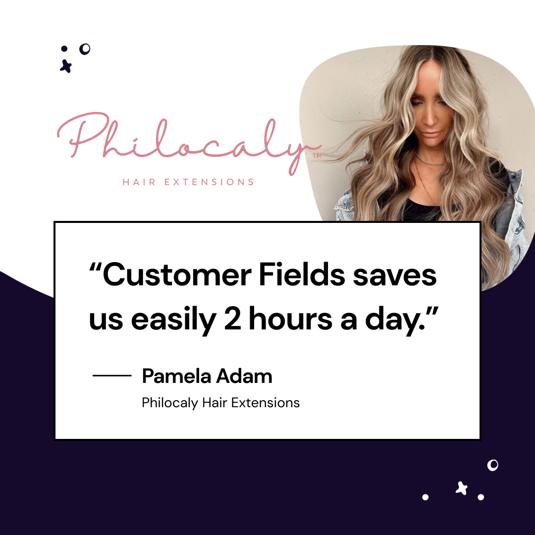 Philocaly Hair Extensions logo, woman with wavy blonde hair, and testimonial: “Customer Fields saves us easily 2 hours a day.” - Pamela Adam