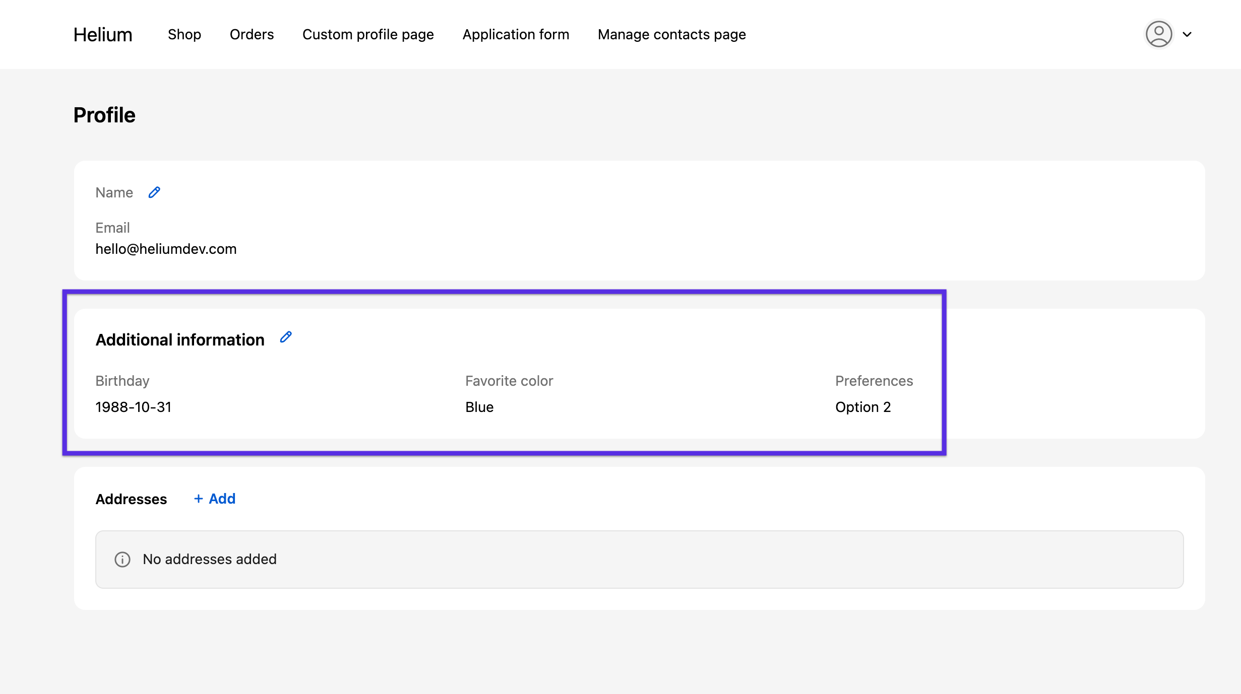 Customer Fields customer account form