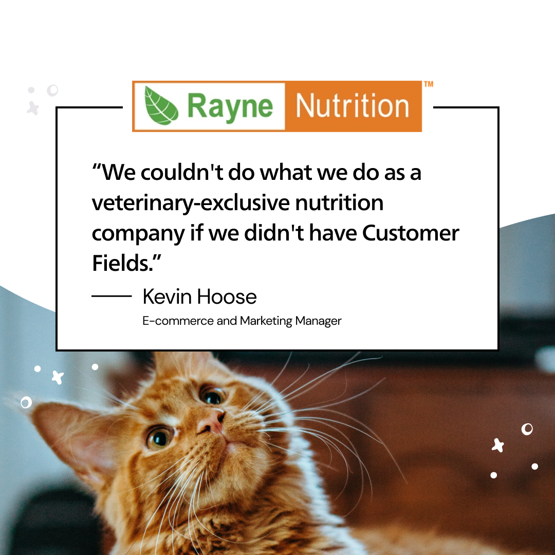 Quote from Rayne Nutrition on the impact of Helium Customer Fields, overlaid on an image of an orange cat gazing upward.