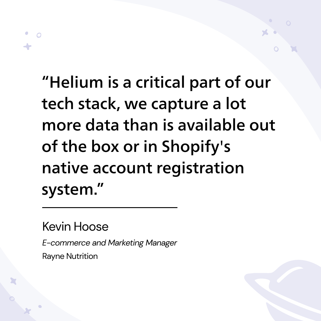 Quote from Rayne Nutrition on Helium's importance in data capture, with Rayne Nutrition logo and minimalistic star-themed background