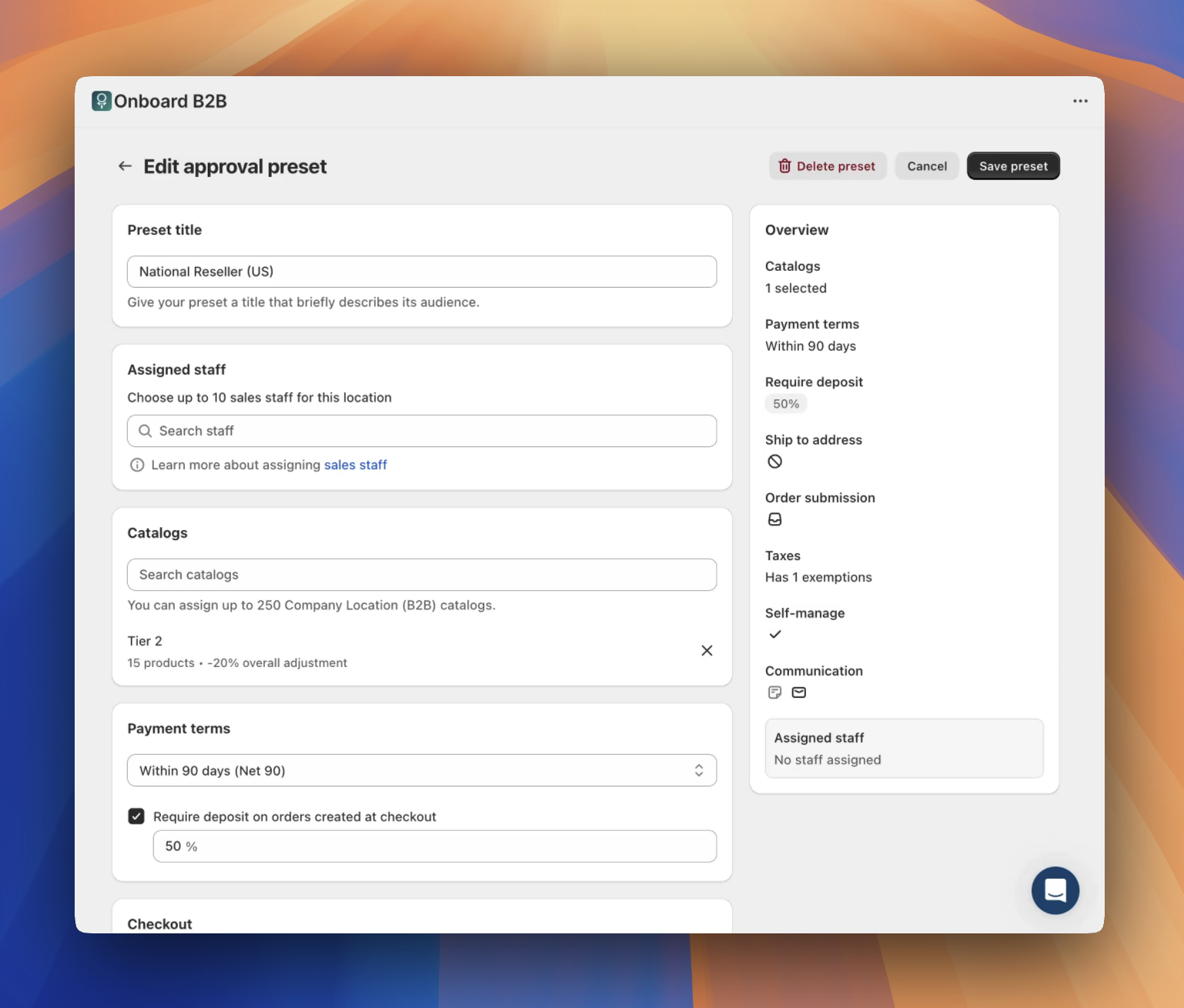 Approval presets UI from Onboard B2B for Shopify B2B